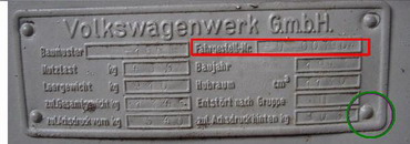 The Chassisnumber ("Fahrgestellnummer") is shown on the Volkswagenwerk GmbH plate in the engine compartment