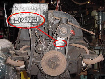 The enginenumber is stamped on the engine, and typically starts with a -7- prefix